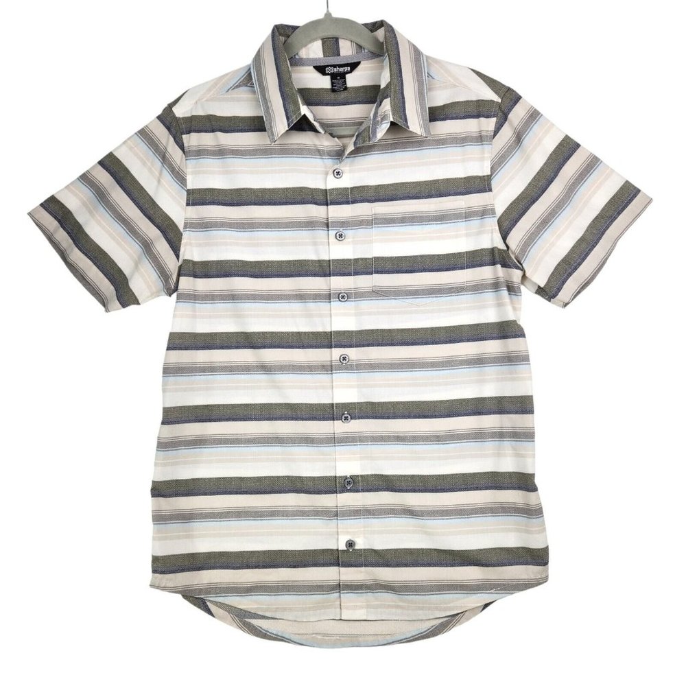 Sherpa Adventure Gear Shirt Men's M Gray Multi Striped Button Up Hiking Outdoor